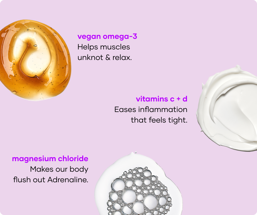 Fragrance-free Ache Erasing soak ingredients: vegan omega-3, vitamins C and D and magnesium chloride