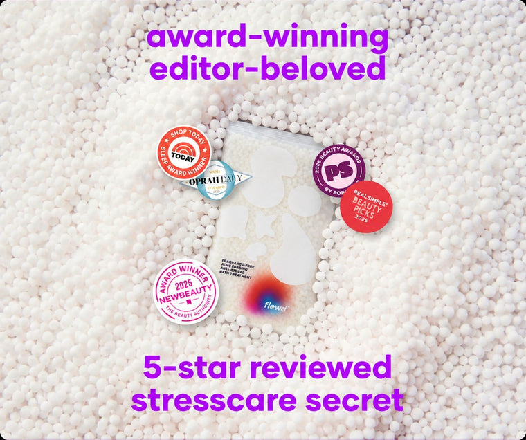 Flewd fragrance-free Ache Erasing stresscare soak with TODAY, Oprah Daily, PopSugar, Real Simple and NewBeauty badges
