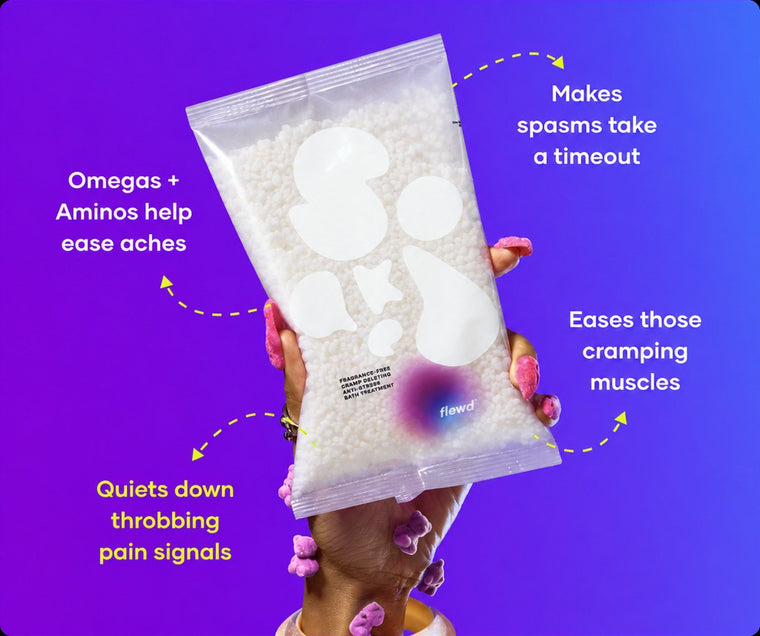 Flewd fragrance-free Cramp Deleting bath soak clear pouch held up on a purple background, for cramp days