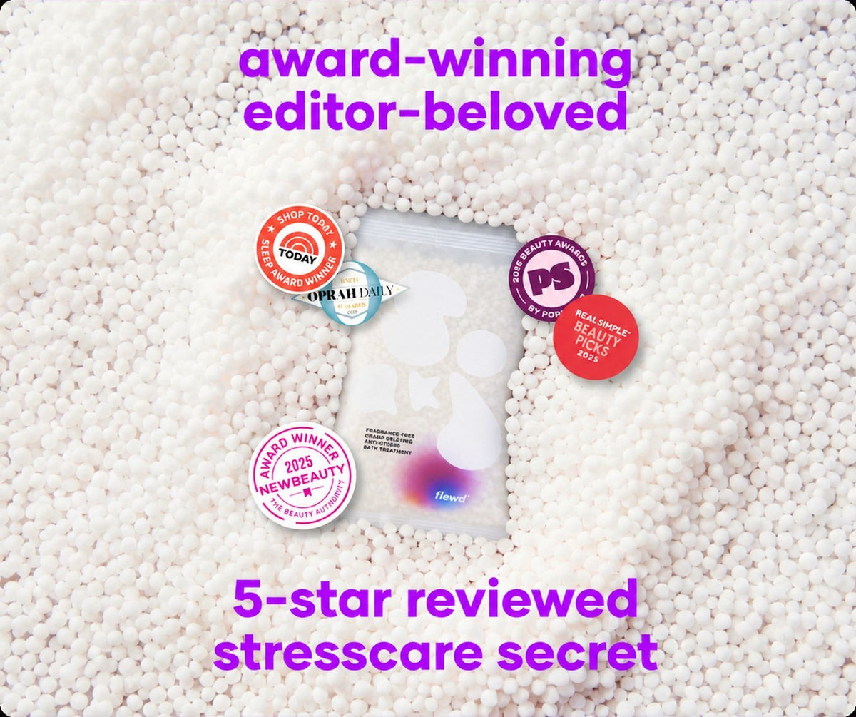 Flewd fragrance-free Cramp Deleting stresscare soak with TODAY, Oprah Daily, PopSugar, Real Simple and NewBeauty badges