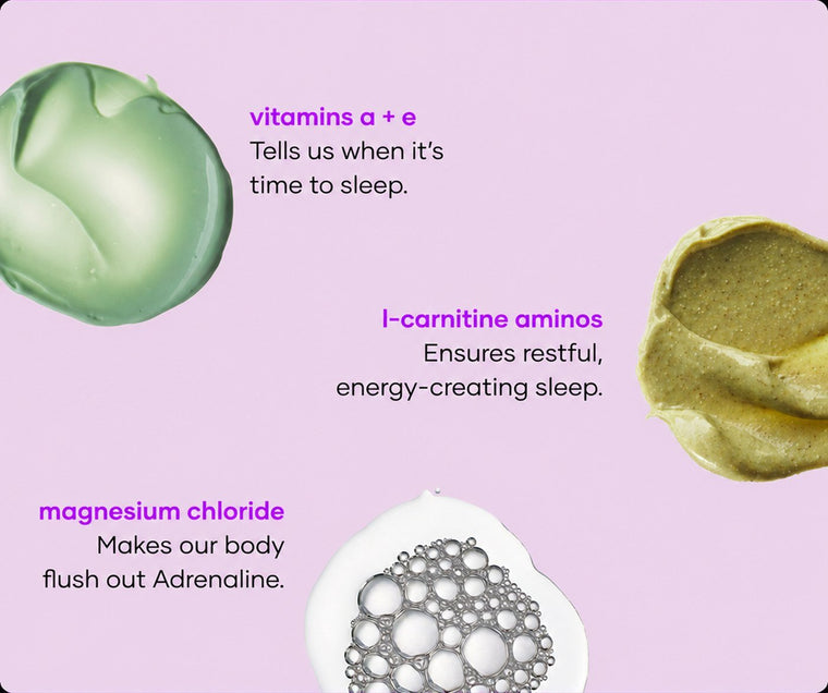 Fragrance-free Insomnia Ending soak ingredients: vitamins A and E, L-carnitine aminos and magnesium chloride