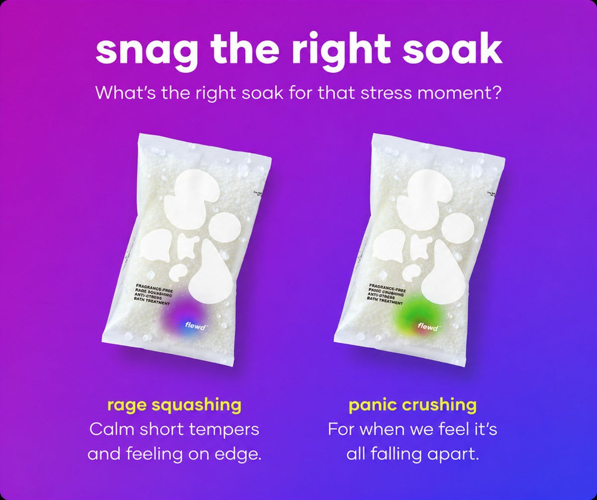 Fragrance-free Rage Squashing and Panic Crushing stresscare bath soak pouches side by side