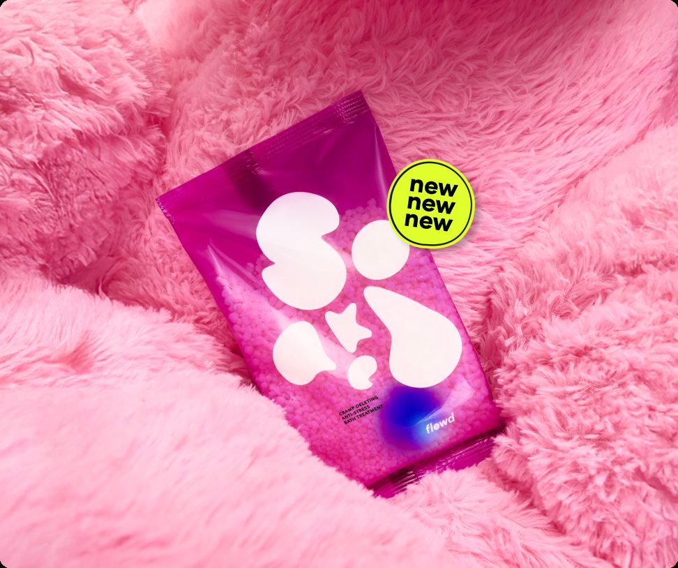 Flewd Cramp Deleting magnesium bath soak pouch on pink faux fur with a "new" sticker