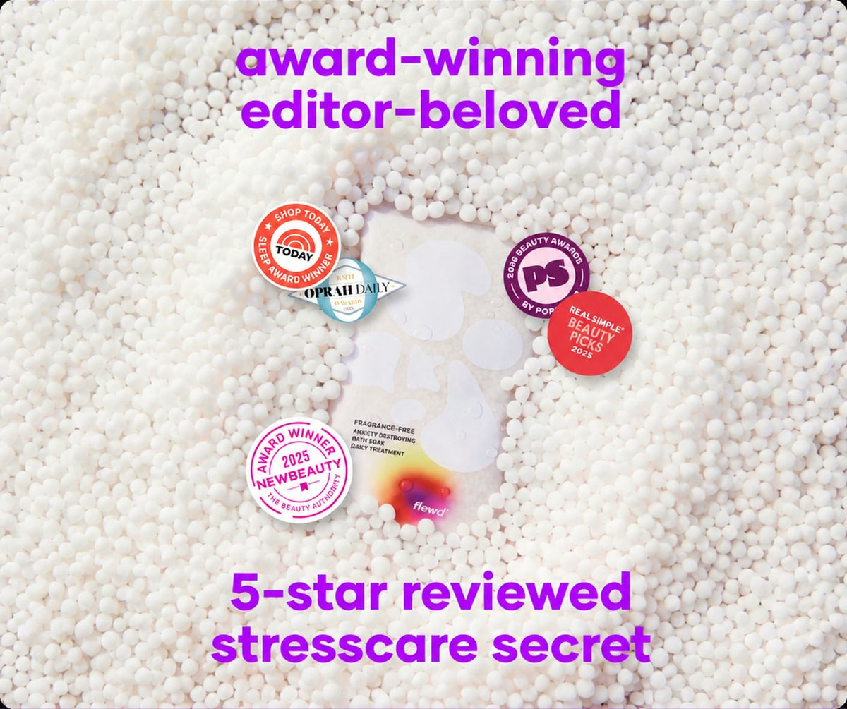Flewd fragrance-free Stresscare Trio pouch with TODAY, Oprah Daily, PopSugar, Real Simple and NewBeauty badges