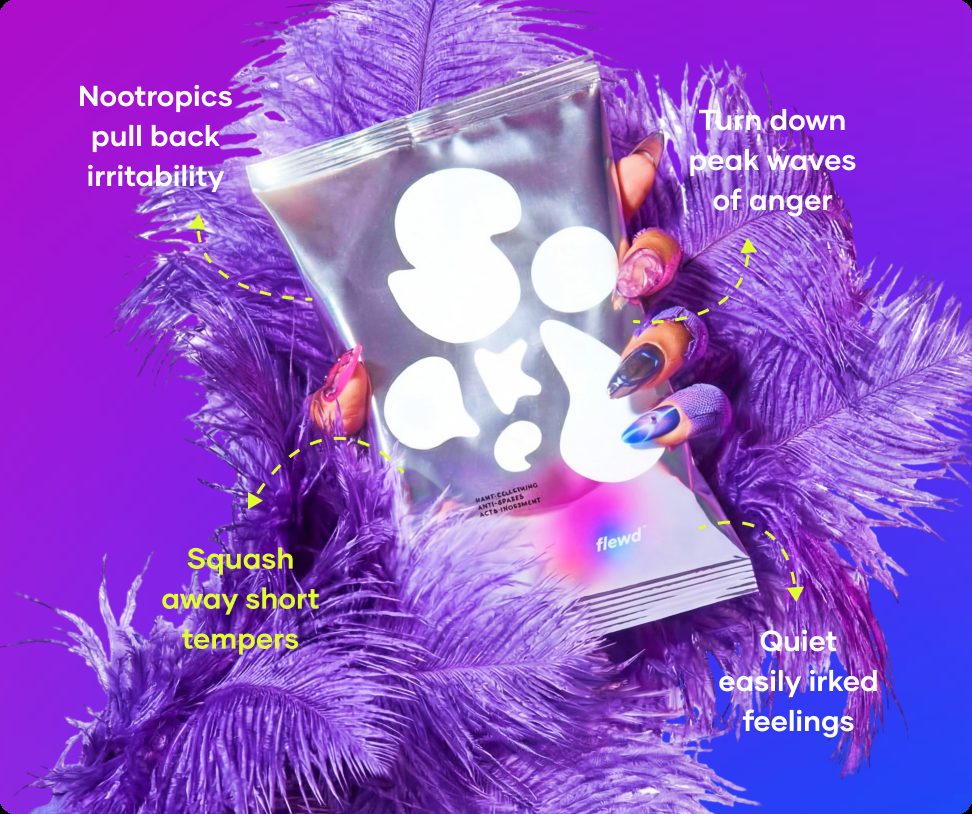 Flewd Rage Squashing bath soak pouch held in purple feathers, for irritable days